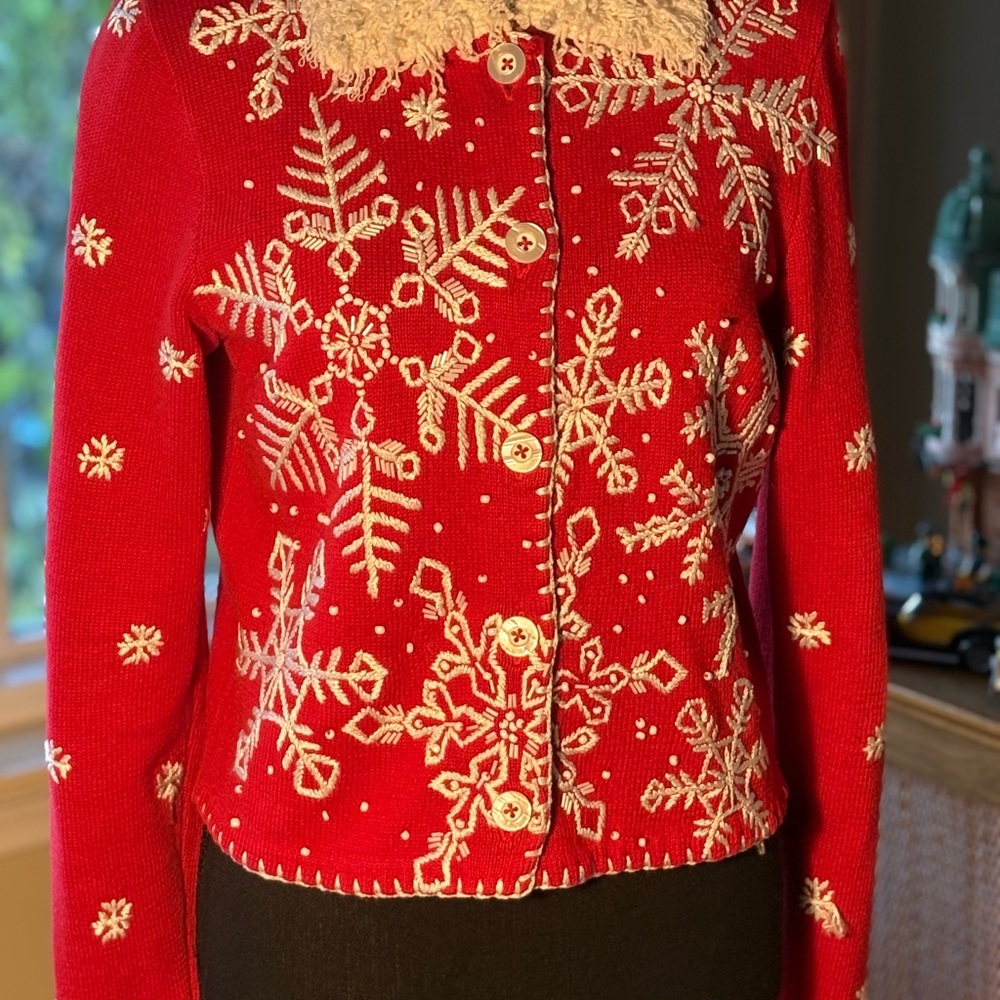 Michael Simon Vintage 1990s Festive Red Cardigan with White Snowflakes